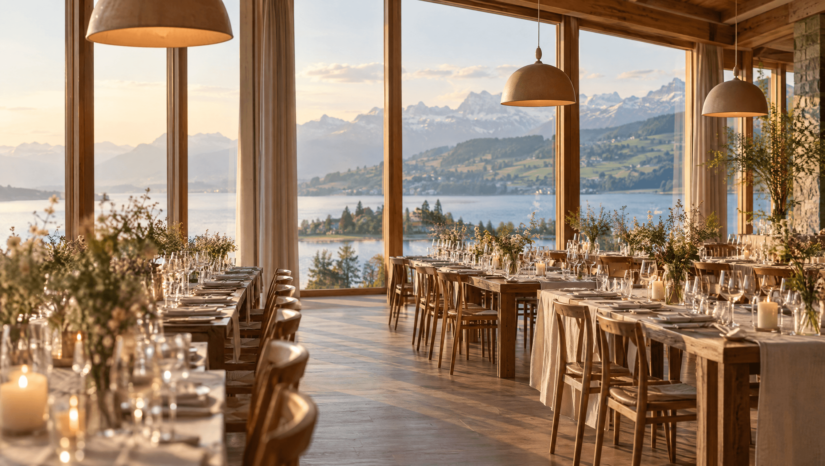 Festlich gedeckter Saal mit Blick auf See und Berge